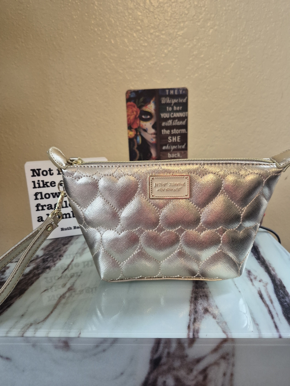 Betsey Johnson Metallic Heart Quilted Wristlet - Gold